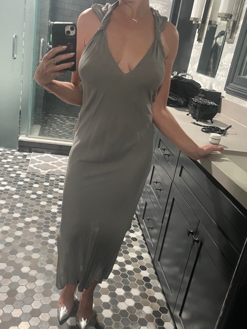 Yigal Azrouel grey Twist-Shoulder V-Neck Dress open back cutout cocktail black